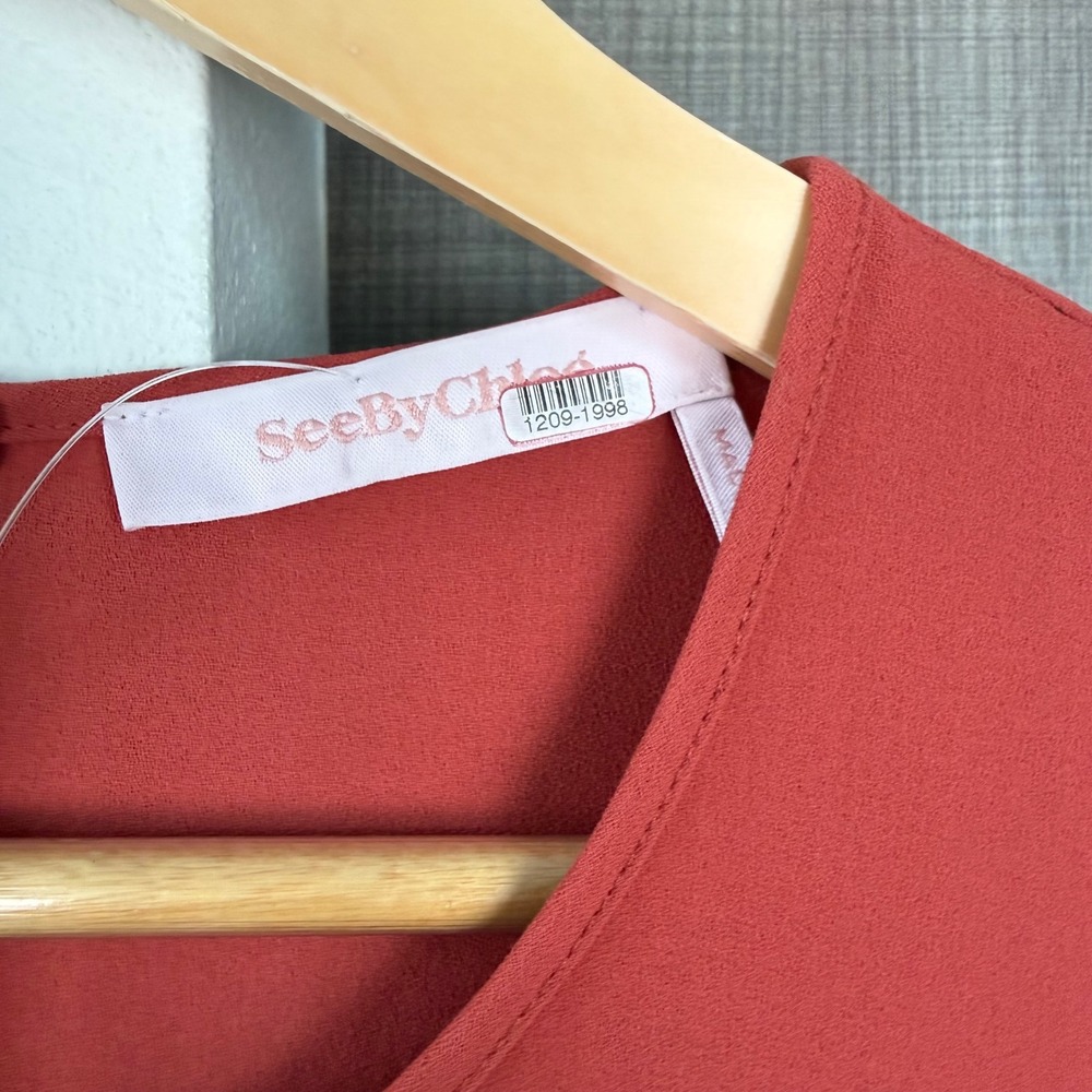 NEW See By Chloe Peppery Red Ruched Crepe Mini Dress Shift Size 44 - Picture 10 of 12